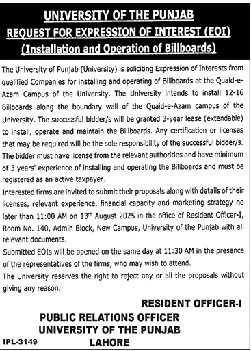 University of the Punjab Lahore Tender Notice